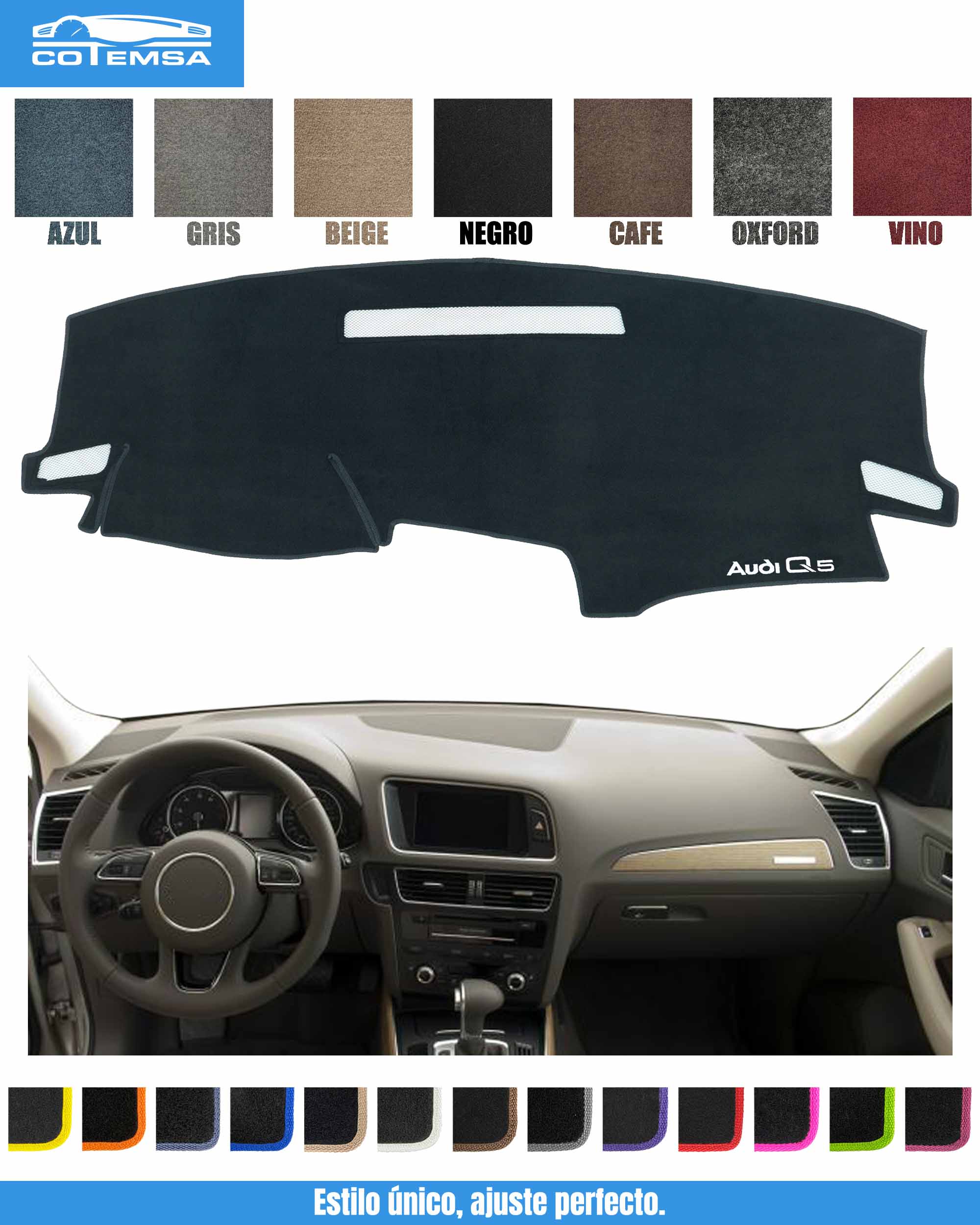 Cubretablero para Audi Q5 2010–2017 vista superior con tablero como referencia