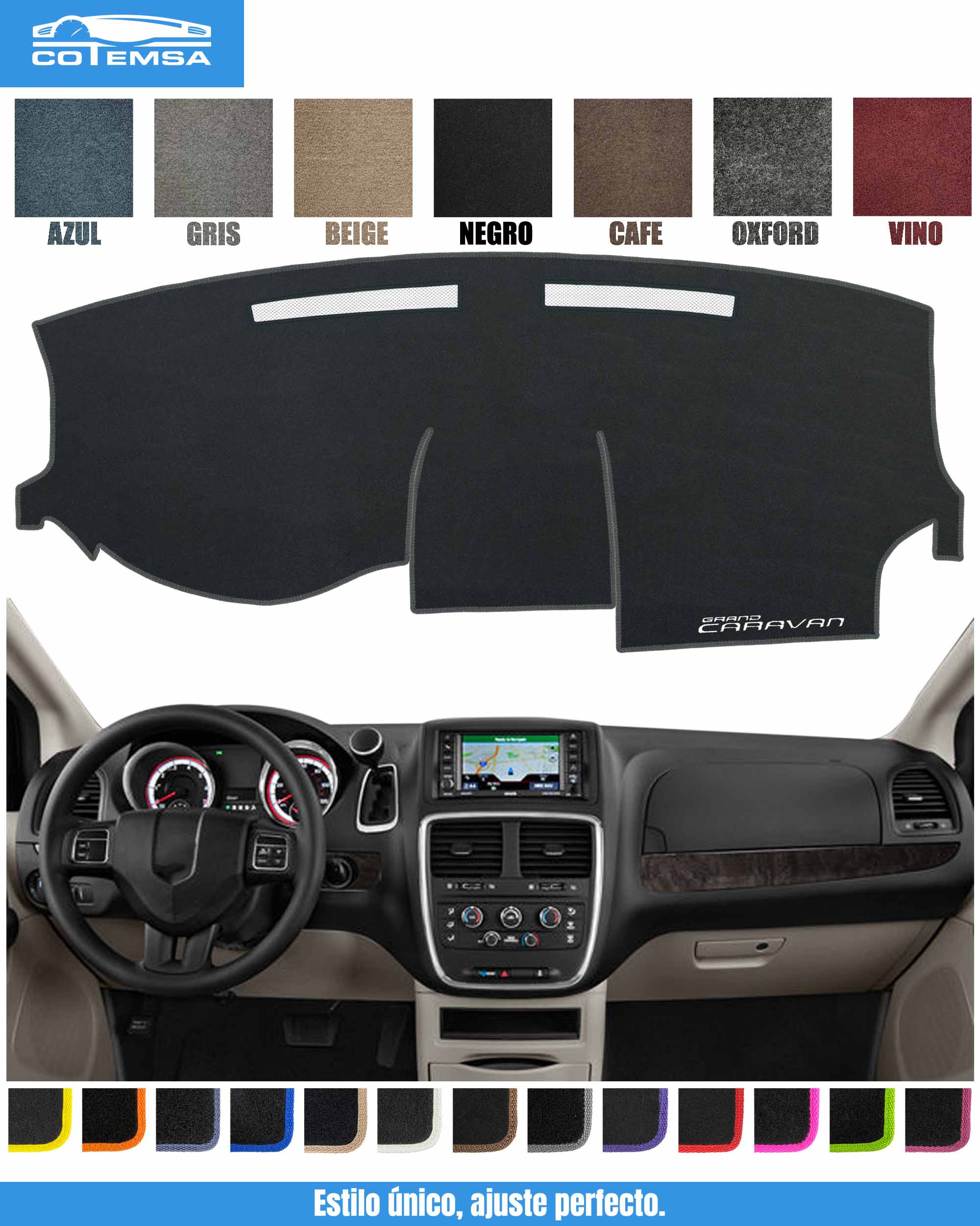 Cubretablero para Chrysler-Dodge Grand Caravan 2017–2019 con tablero como referencia.