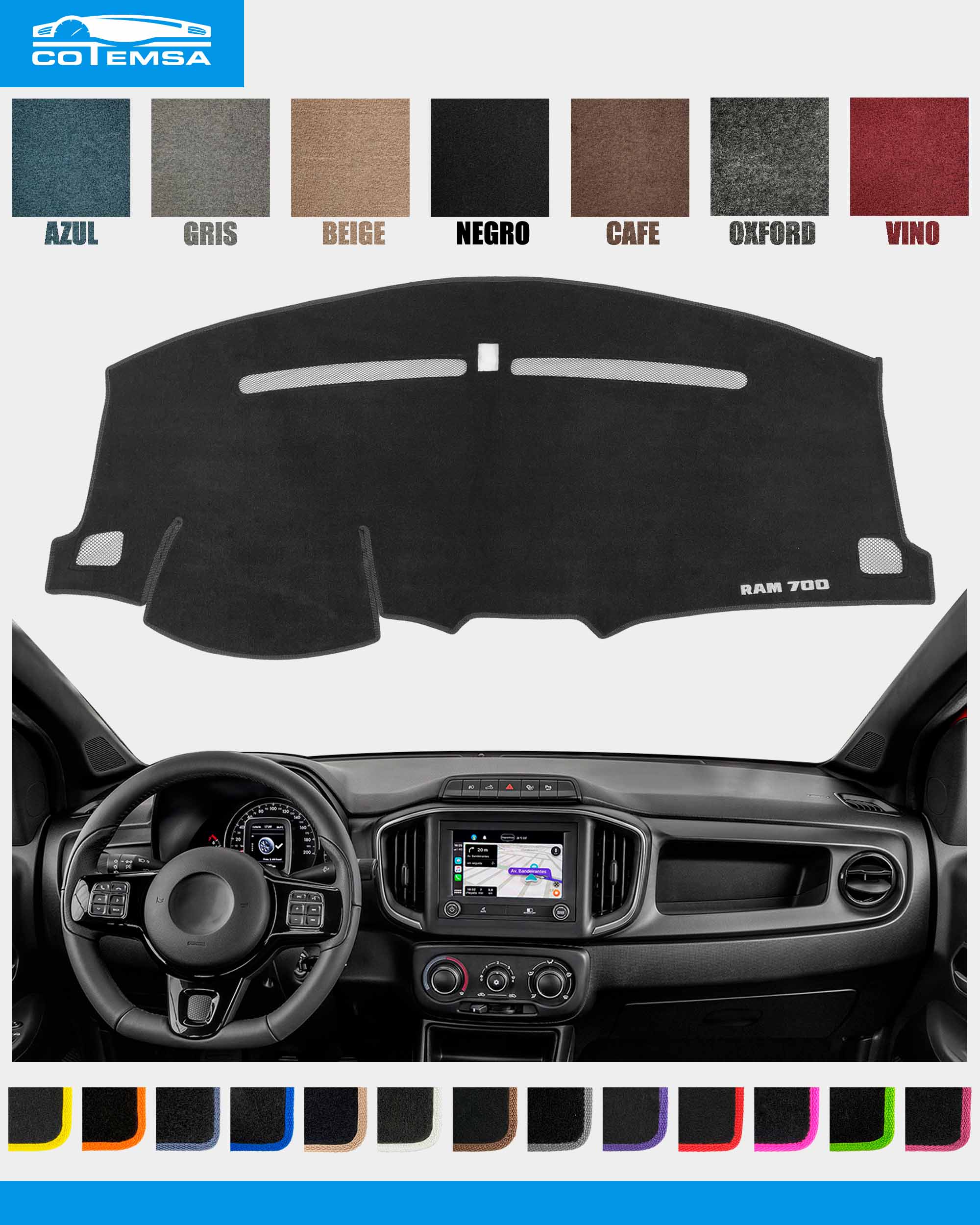 Cubretablero para Chrysler-Dodge Grand Caravan 2017–2019 con tablero como referencia.