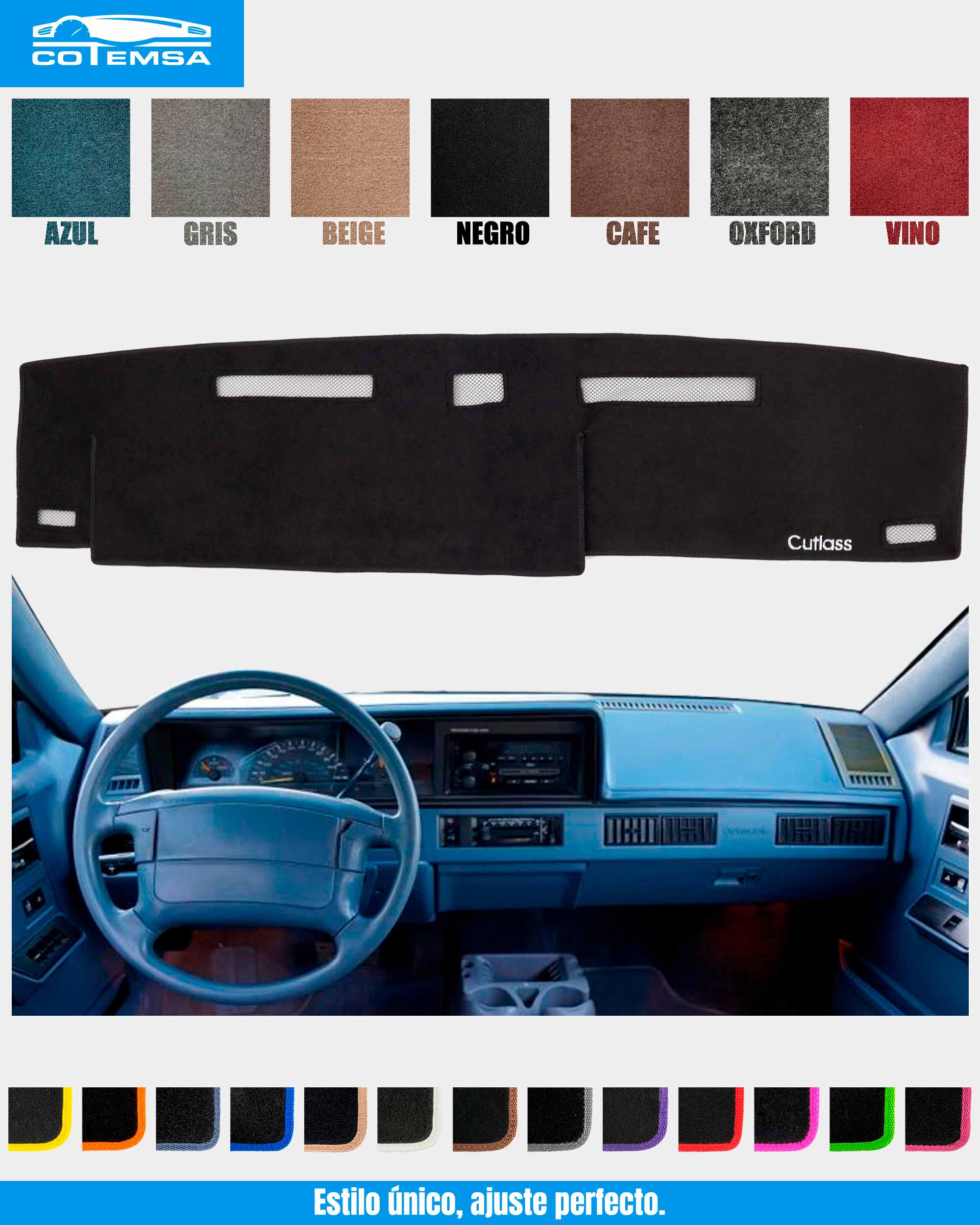 Cubretablero para Chevrolet Cutlas 1982–1996 vista superior con tablero como referencia