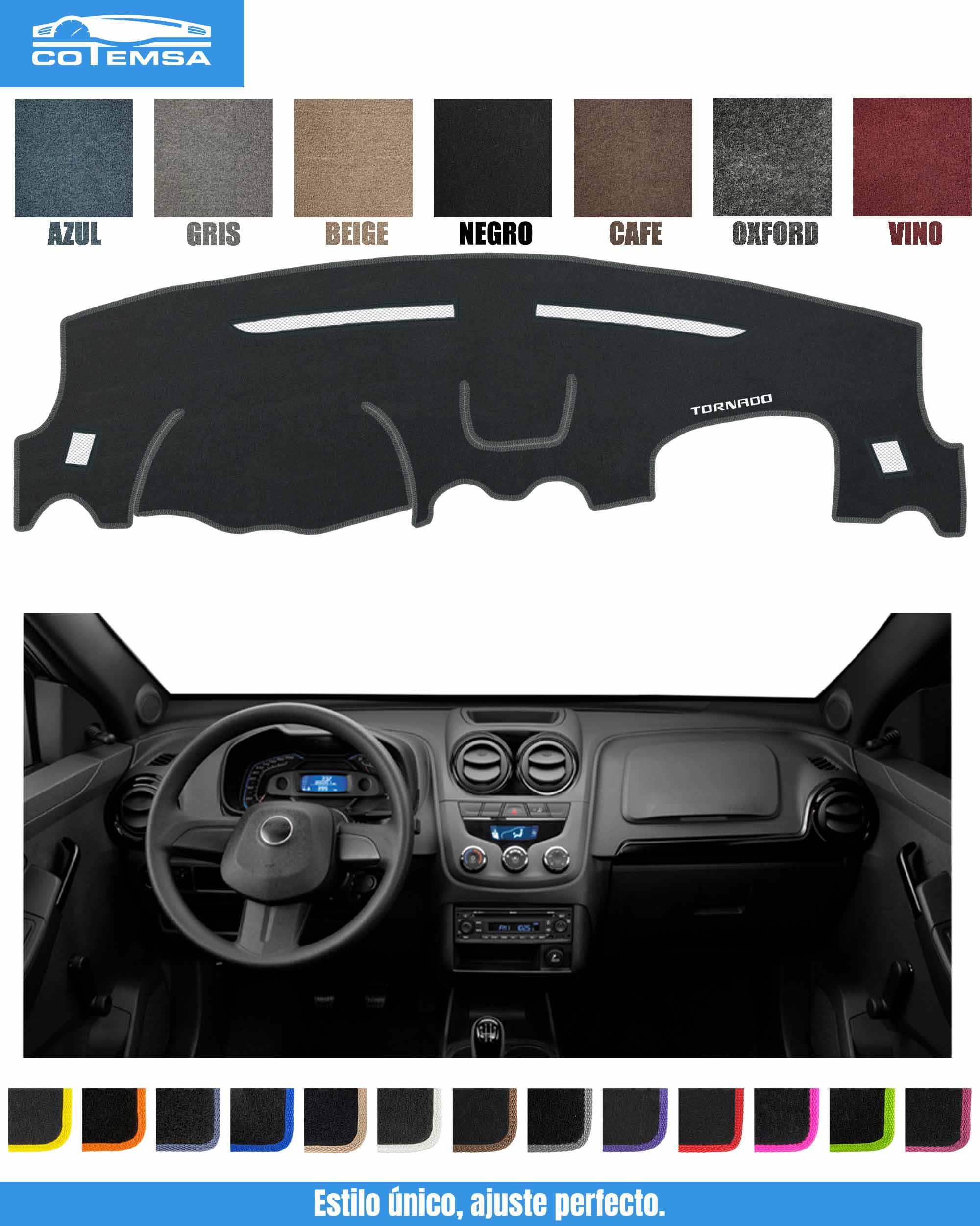 Cubretablero para Chevrolet Tornado 2012–2020 con tablero como referencia.