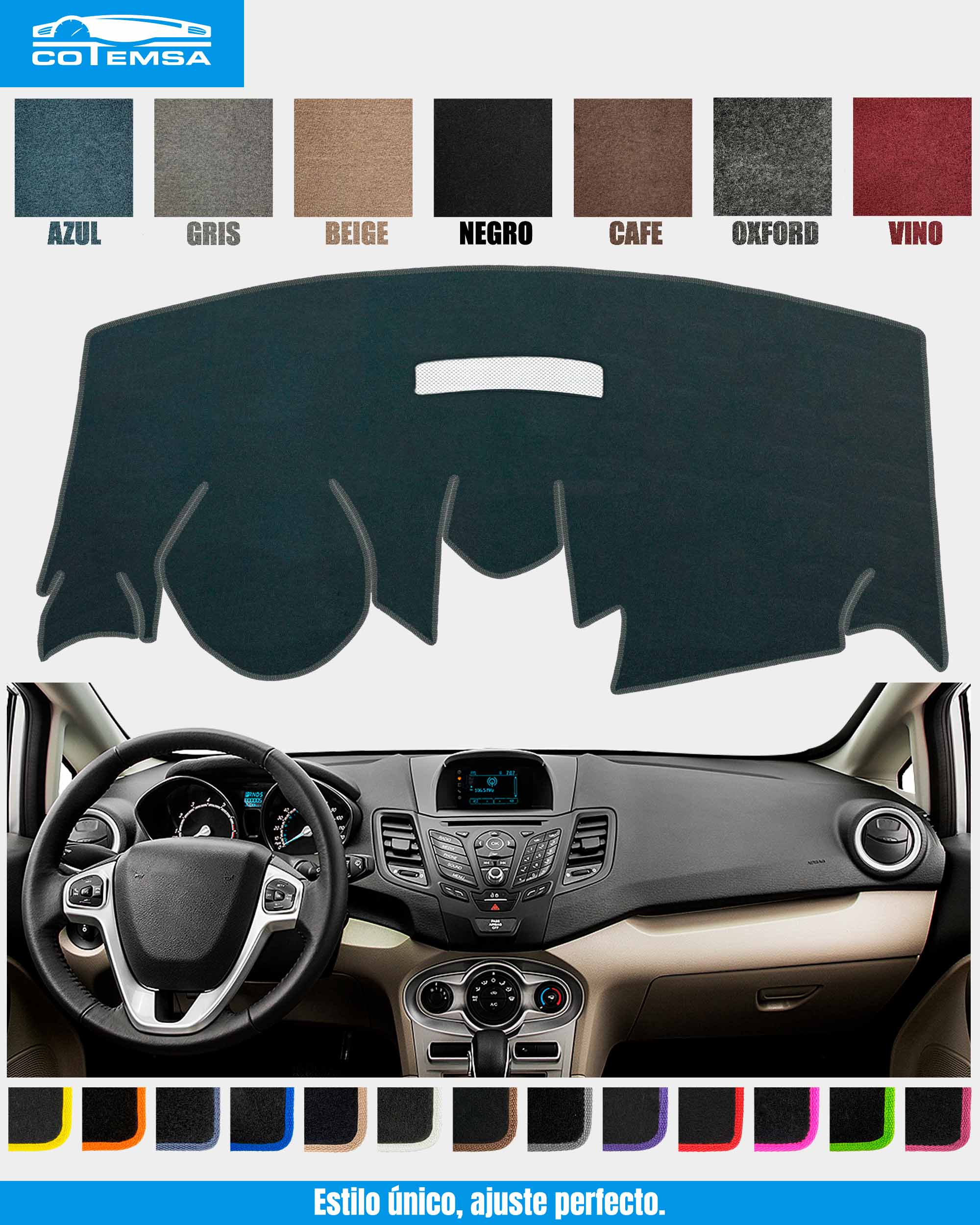 Cubretablero para Ford Fiesta 2011–2016 vista superior con tablero como referencia