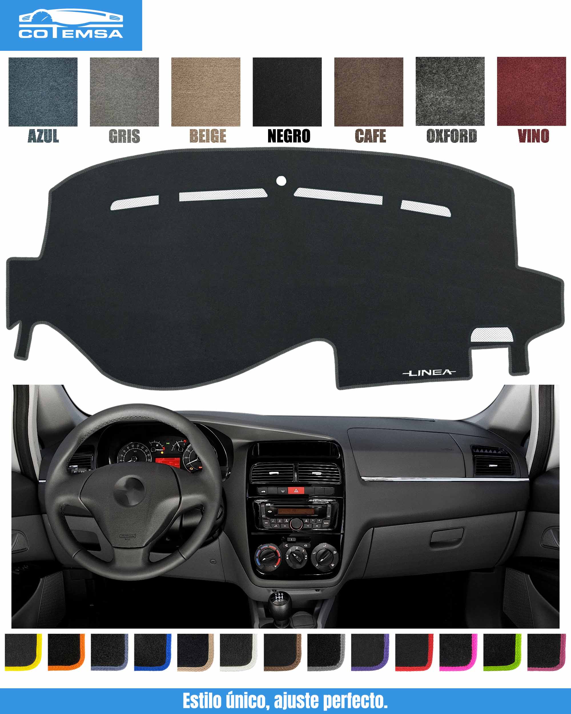 Cubretablero para Fiat Linea 2006–2012 vista superior con tablero como referencia.