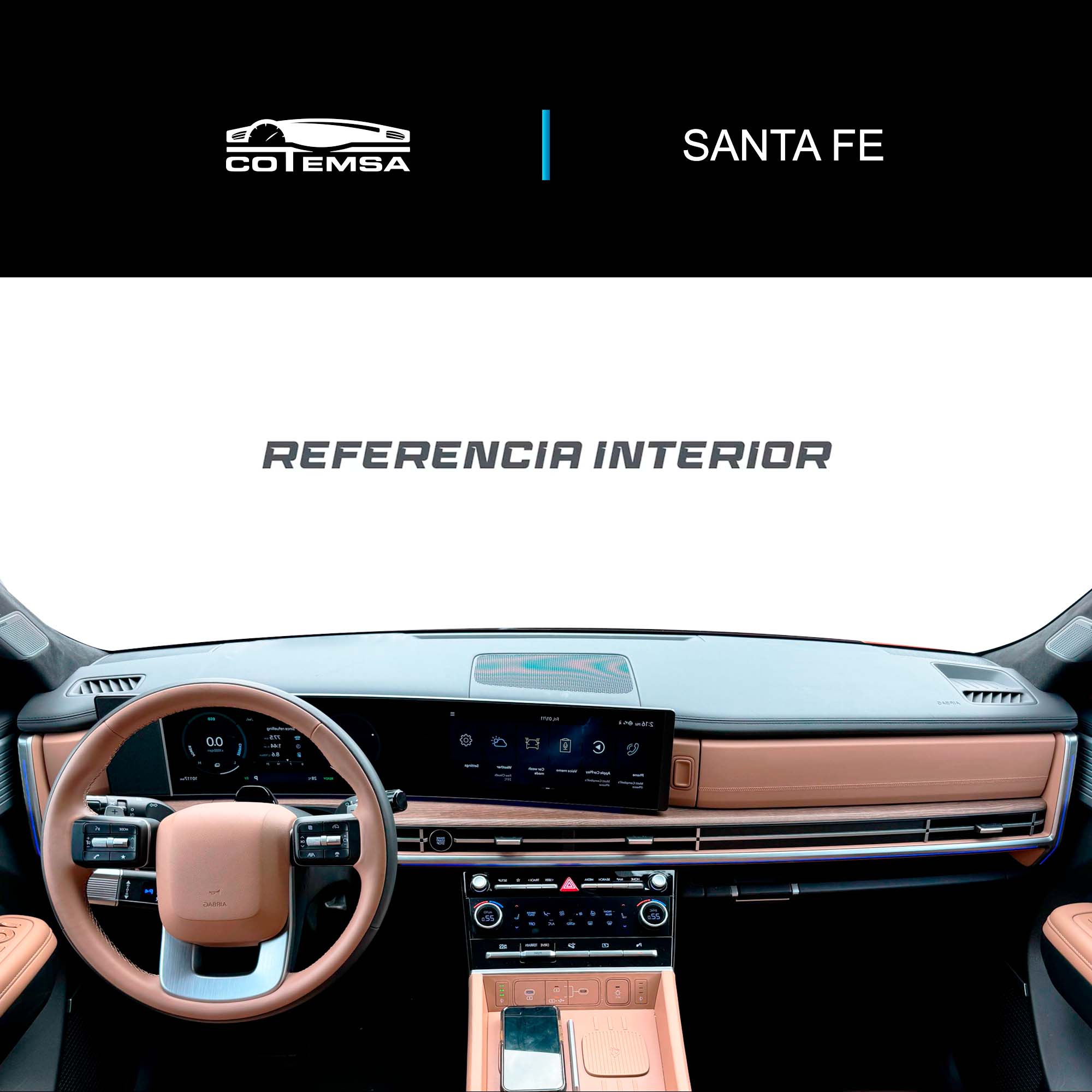 Vista interior del vehículo Hyundai Santa Fe 2024–2026 como referencia