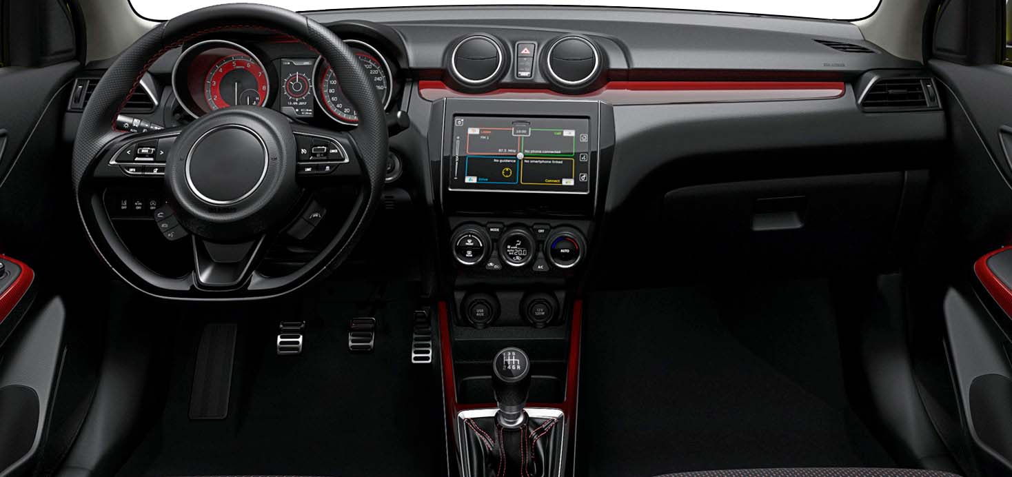 Vista interior del vehículo Suzuki Swift 2018–2023 como referencia