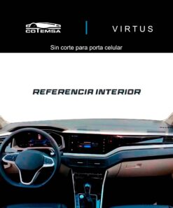 Vista interior del vehículo Volkswagen Virtus sin porta celular 2020–2024 como referencia