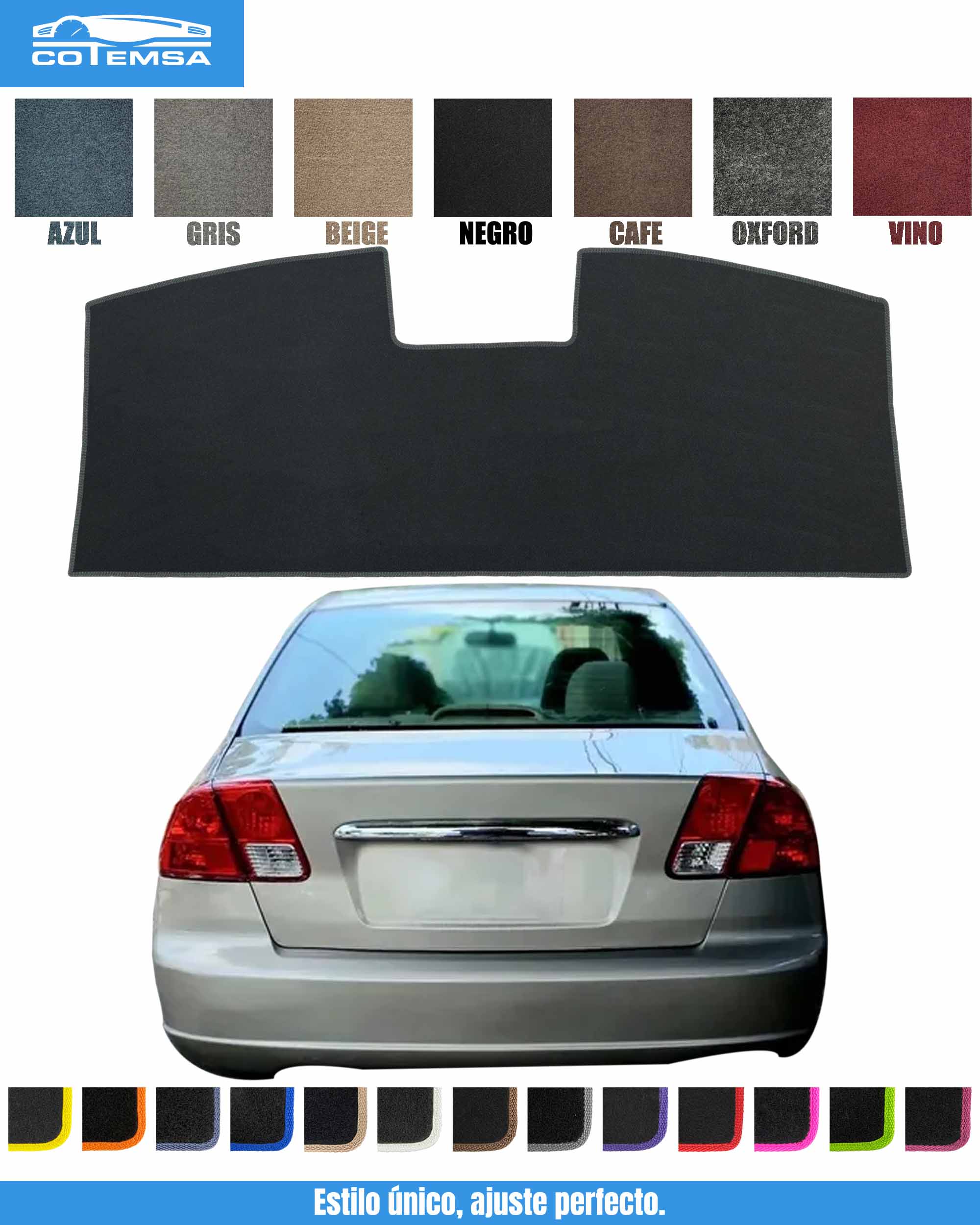 Cubre parte trasera para Honda Civic 2001–2005 vista superior con vehículo como referencia