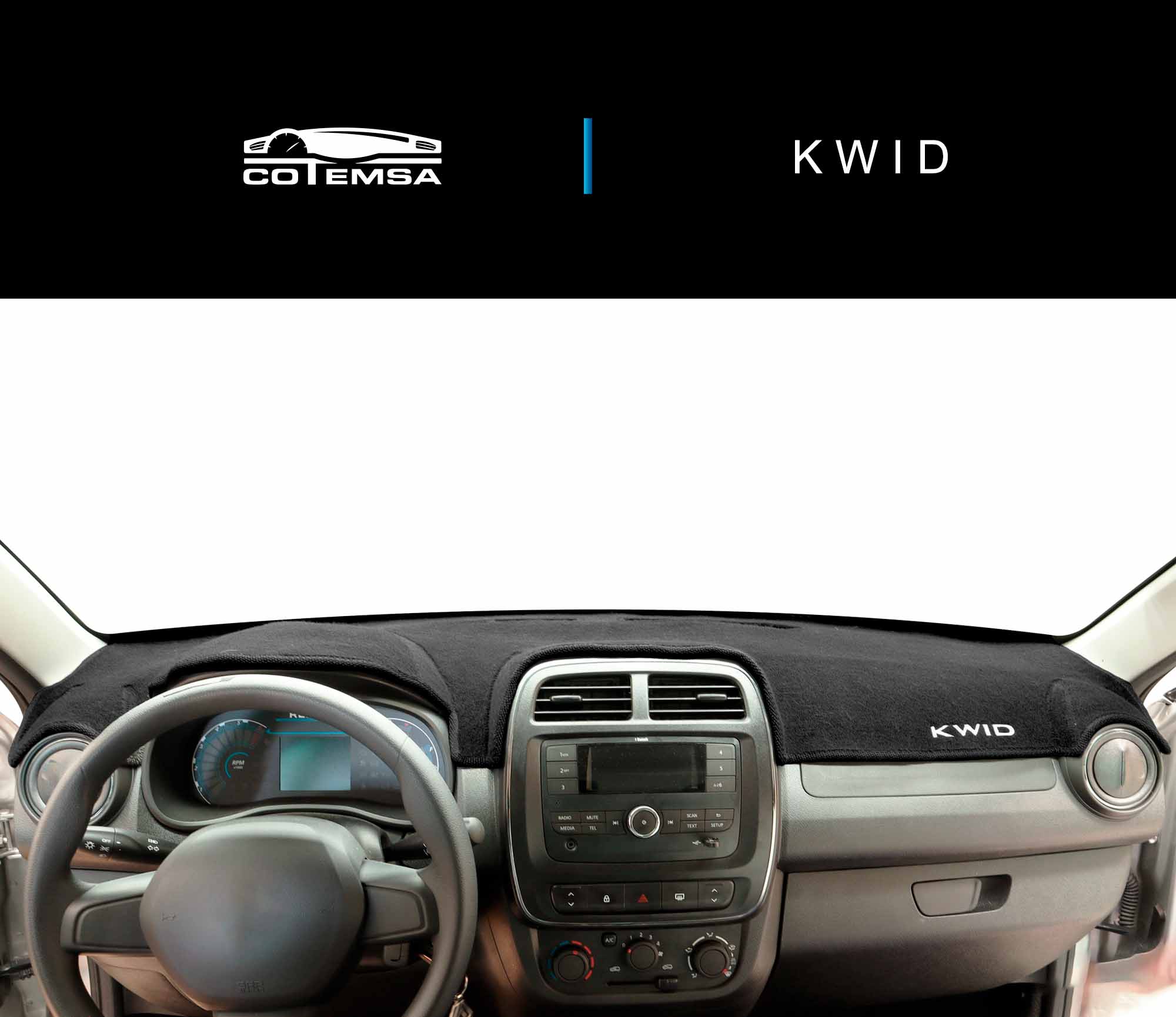 Cubretablero premium para Renault Kwid 2019–2026 instalado en el interior del vehículo