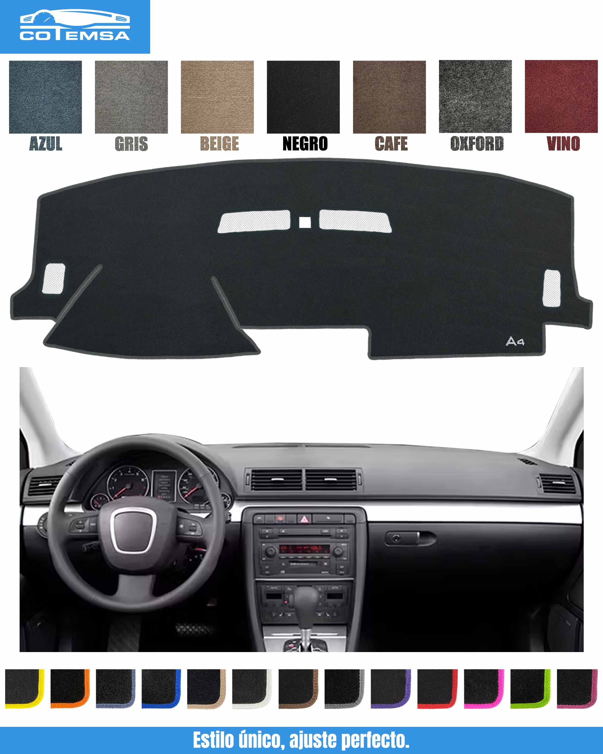 Cubretablero para Audi A4 2001–2008 vista superior con tablero como referencia