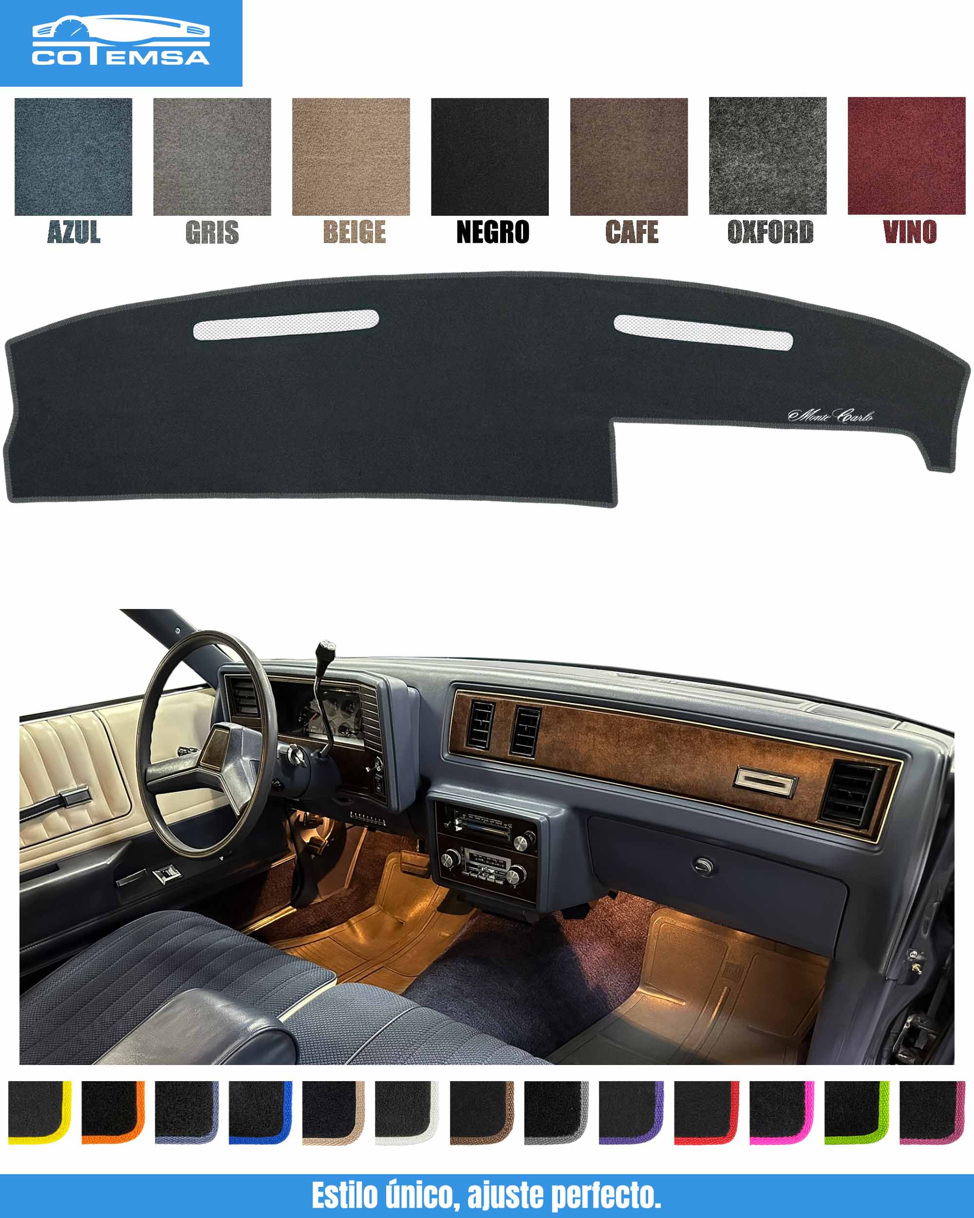 Cubretablero para Chevrolet Monte Carlo 1981–1994 vista superior con tablero con referencia