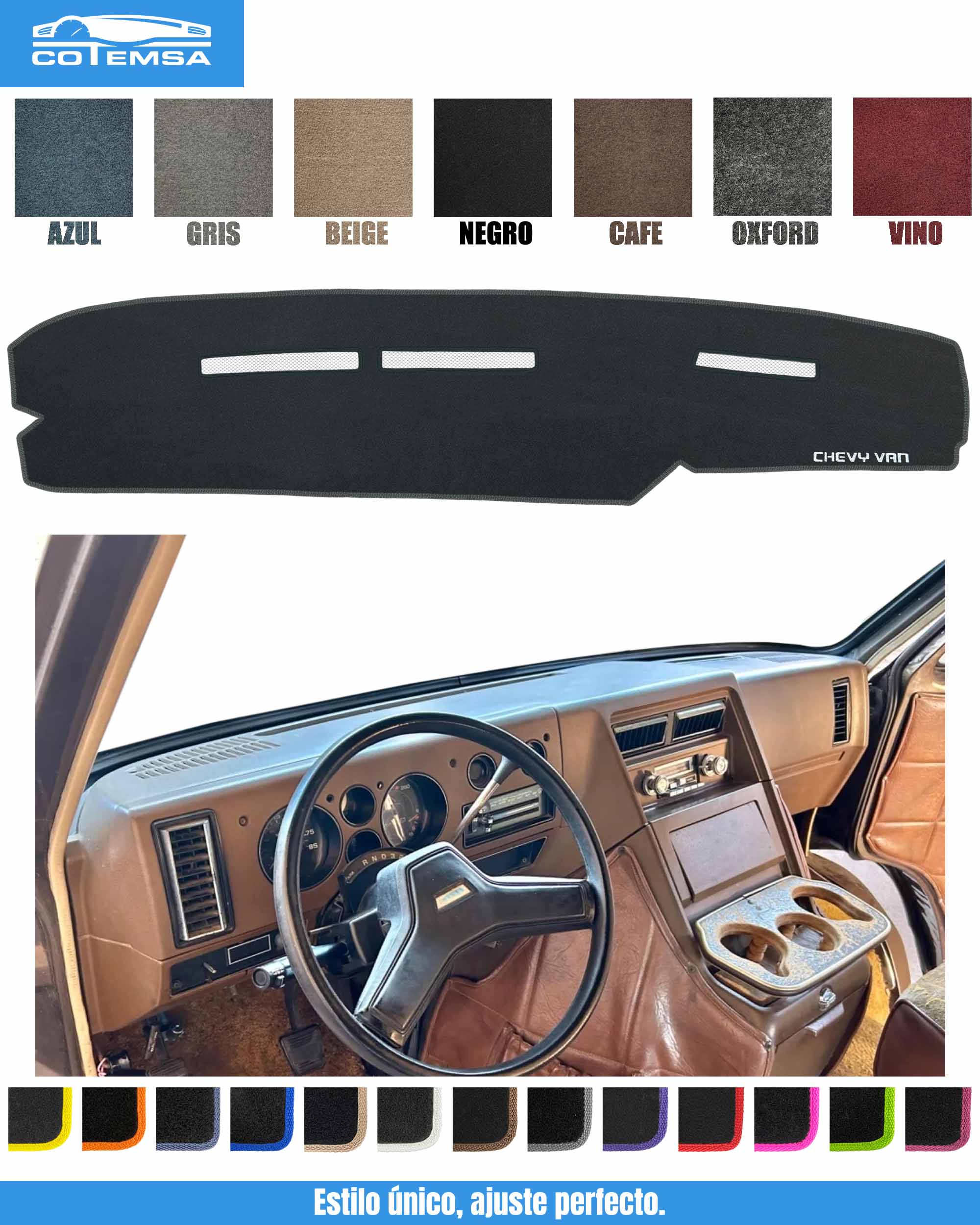 Cubretablero para Chevrolet Chevy Van 1979–1995 vista superior y tablero como referencia