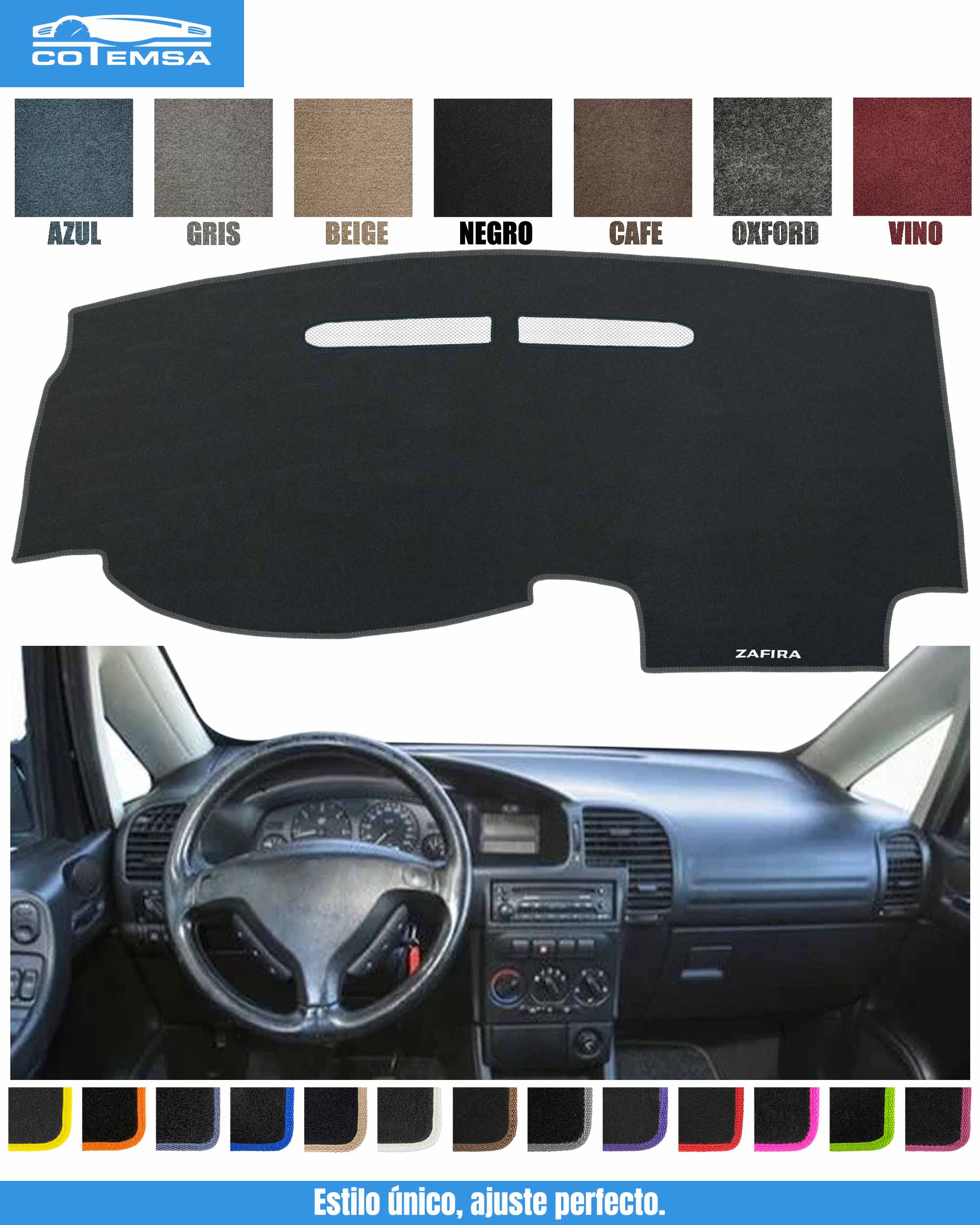 Cubretablero para Chevrolet Zafira 2002–2007 vista superior con tablero como referencia