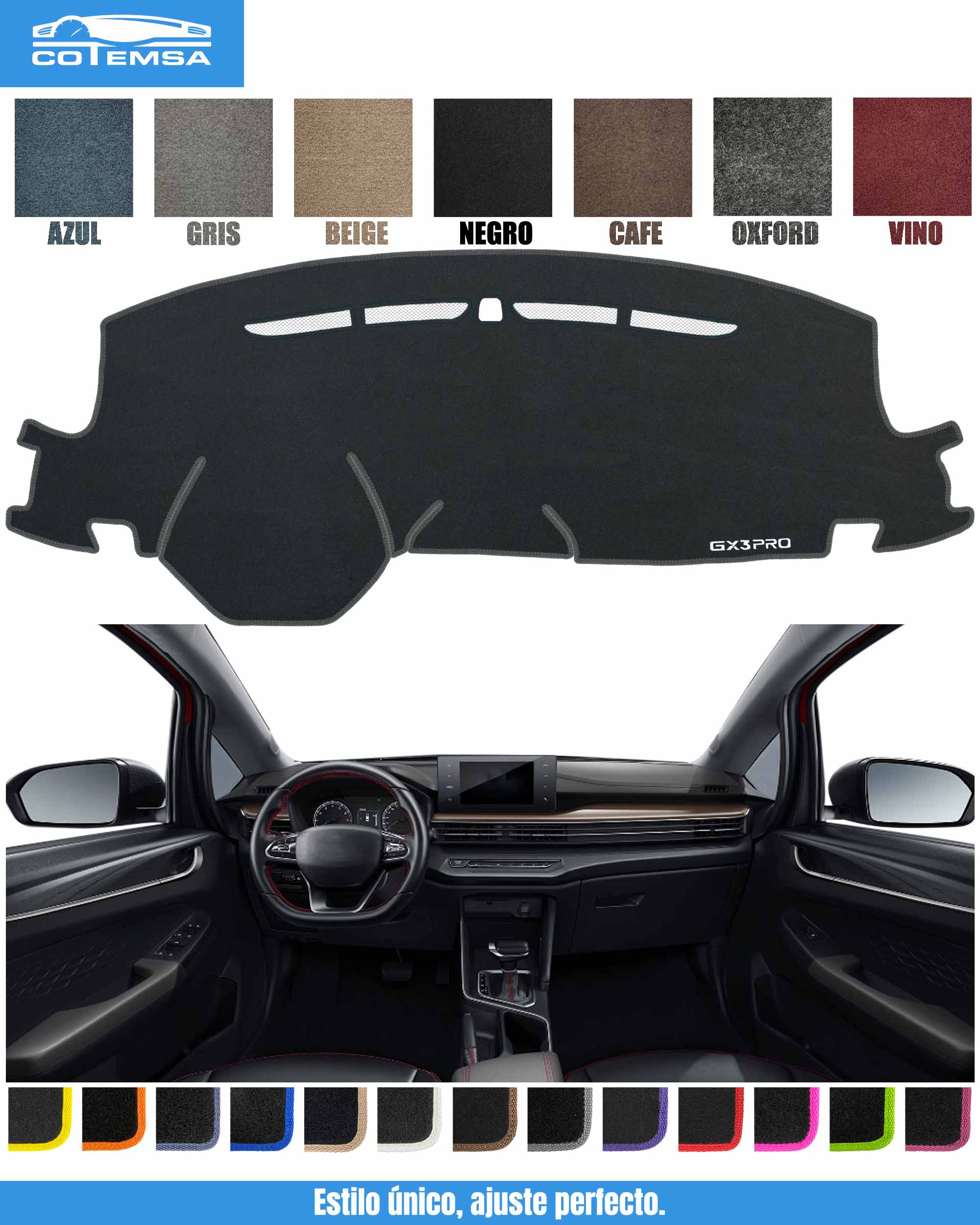 Cubretablero para Geely GX3 Pro 2024–2025 vista superior con tablero como referencia.