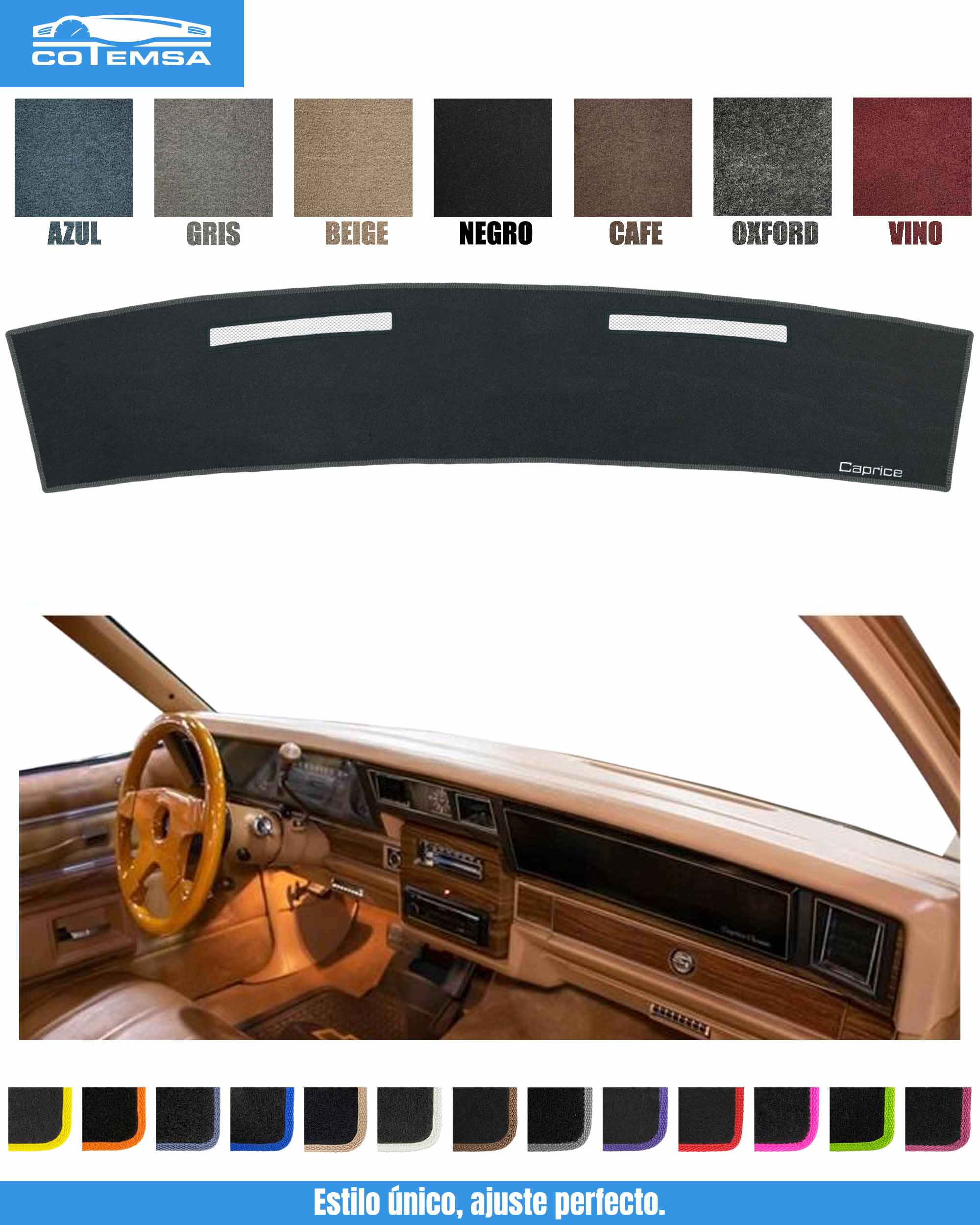 Cubretablero para Chevrolet Caprice 1977–1982 vista superior con tablero como referencia.