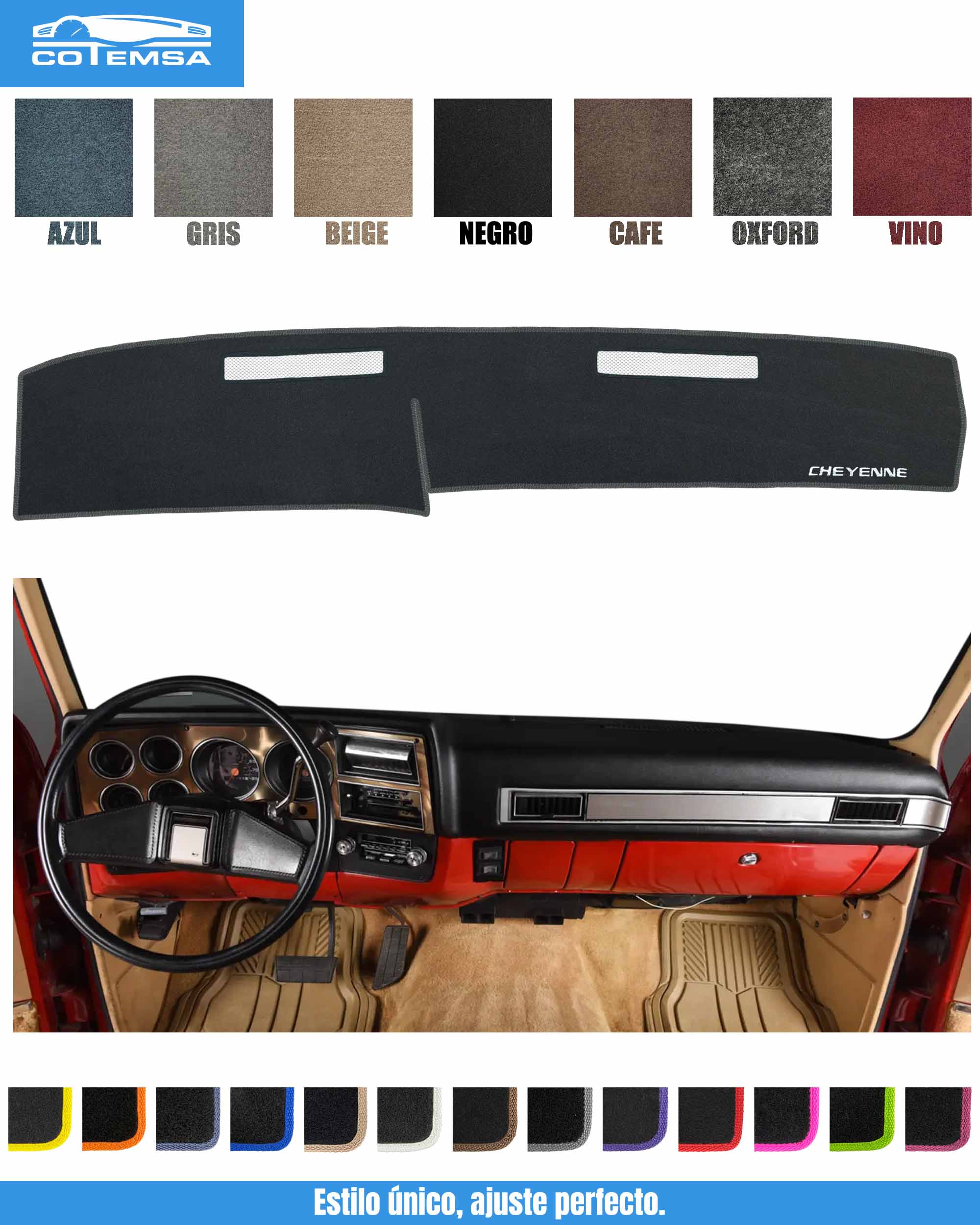Cubretablero para Chevrolet Cheyenne 1981–1991 vista superior con tablero como referencia.