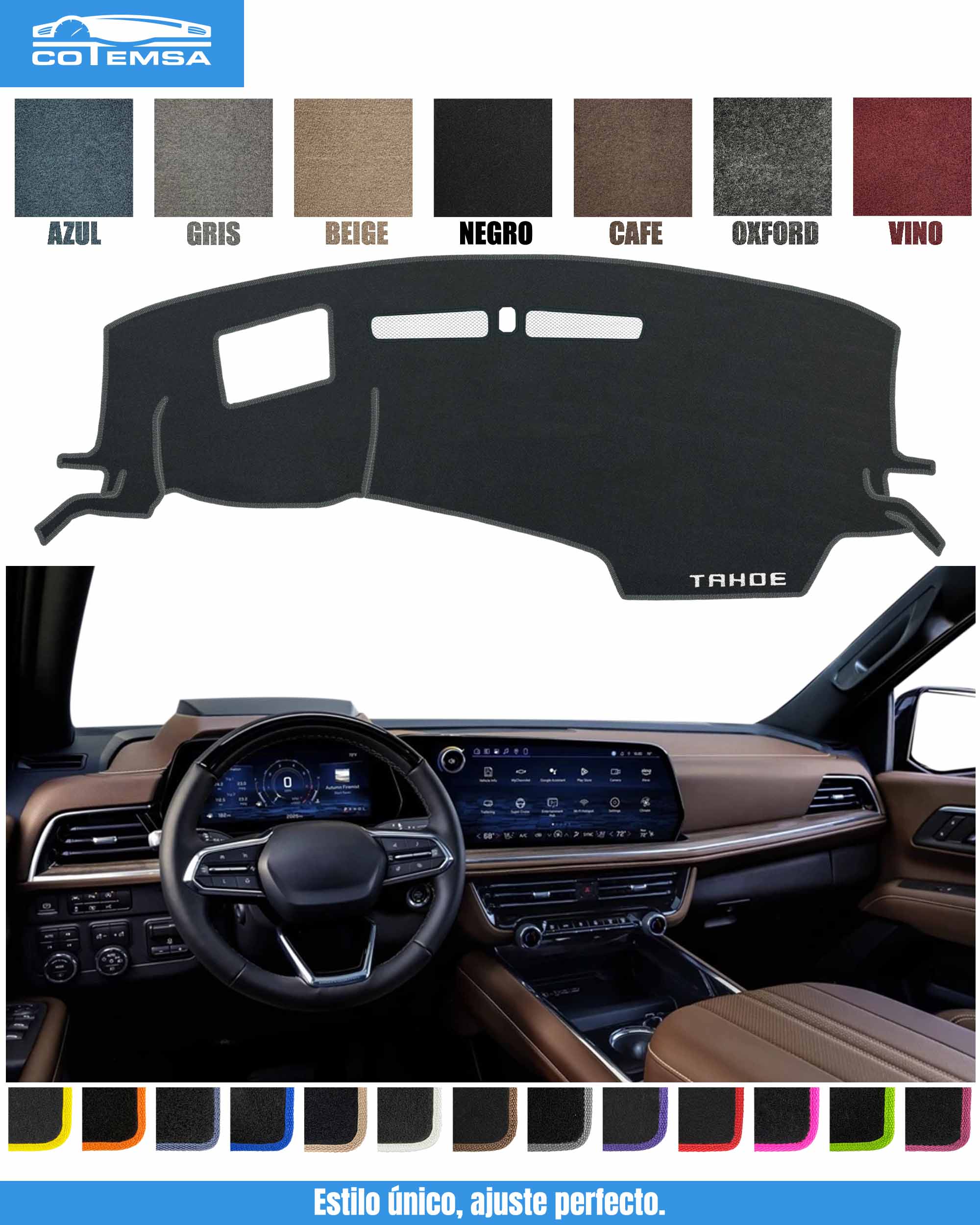 Cubretablero para Chevrolet Tahoe 2025–2026 con tablero como referencia.