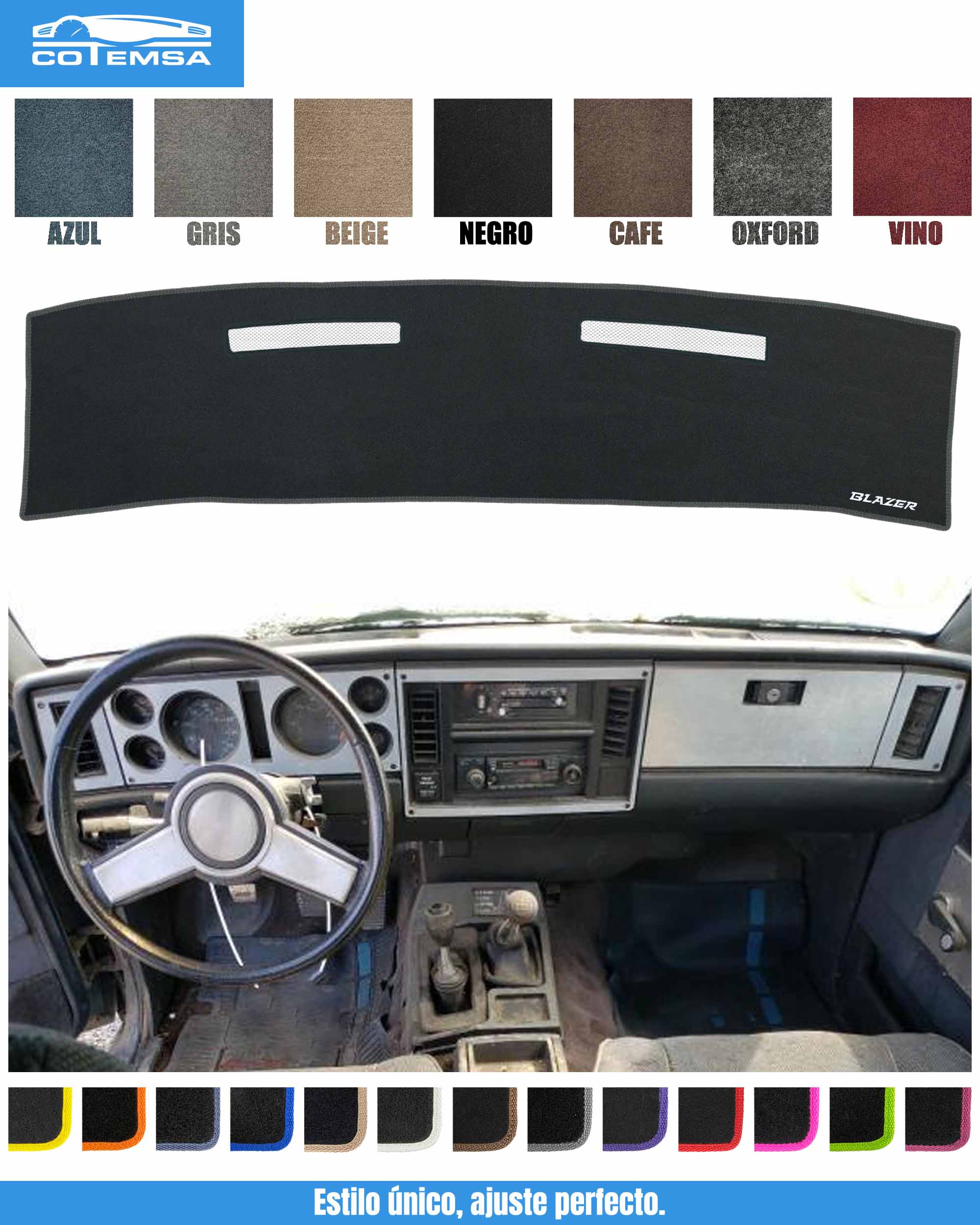 Cubretablero para Chevrolet Blazer 1980–1988 vista superior con tablero como referencia