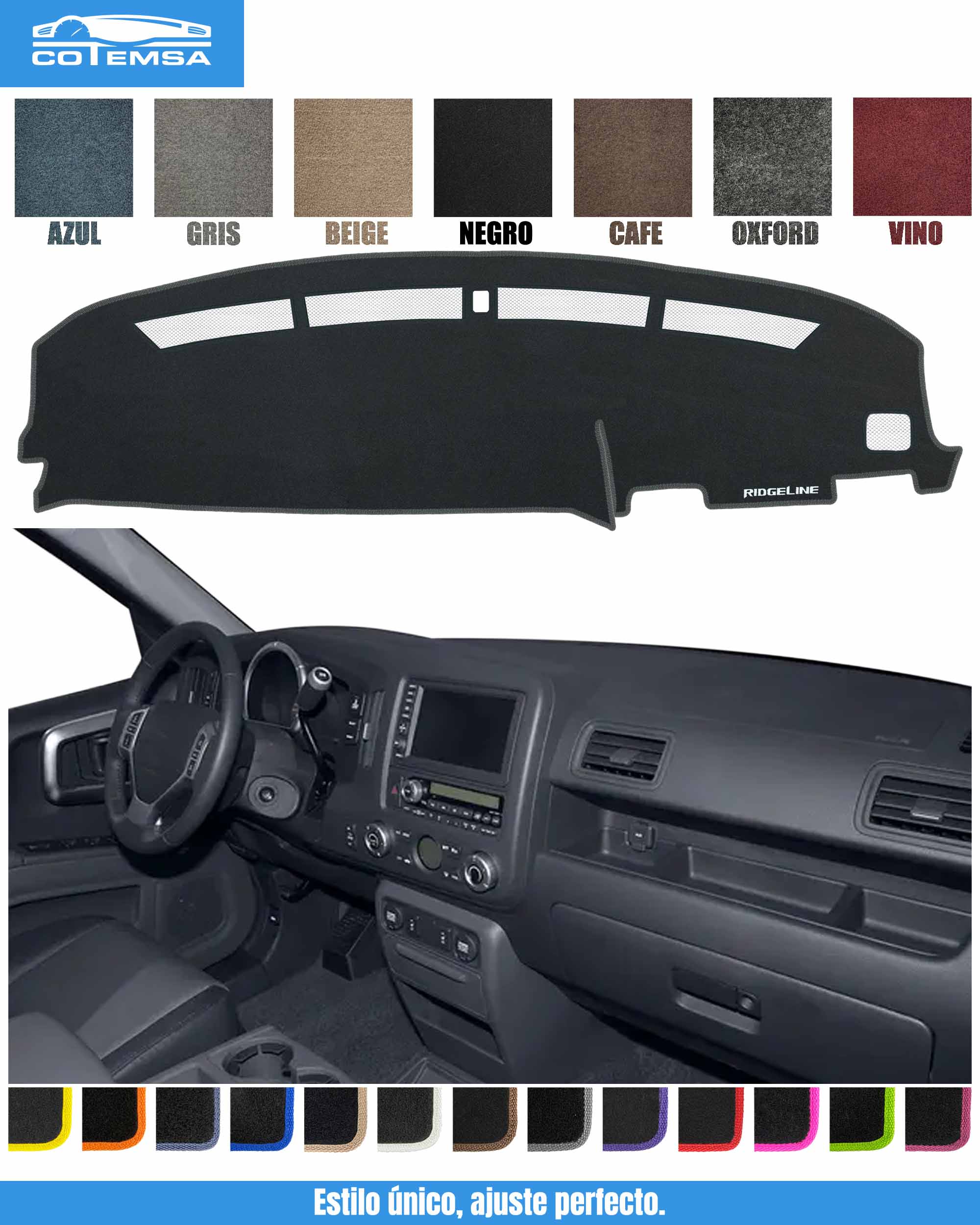 Cubretablero para Honda Ridgeline 2006–2014 vista superior con tablero como referencia